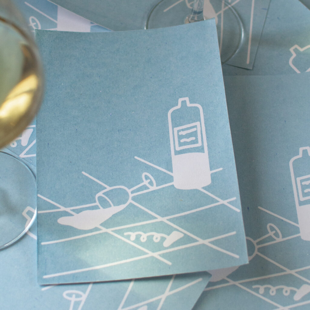 Illustration imprimée en sérigraphie, à partir d'encres naturelles. Elle représente une scène de bar.